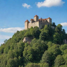 An old medieval burg nestled on top of a hill surrounded by a lush green forest under a clear blue sky.