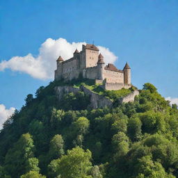 An old medieval burg nestled on top of a hill surrounded by a lush green forest under a clear blue sky.