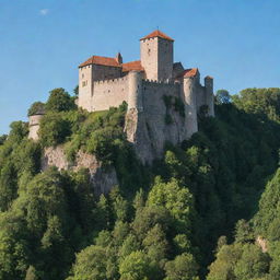 An old medieval burg nestled on top of a hill surrounded by a lush green forest under a clear blue sky.