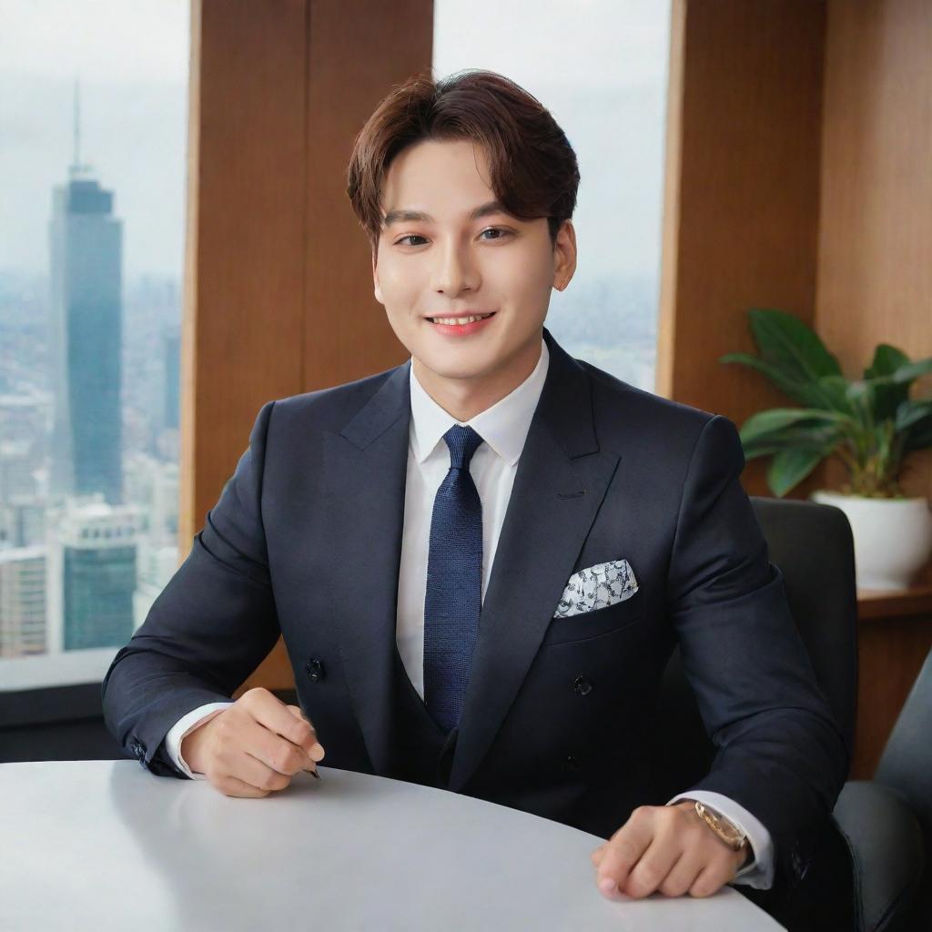 Jungkook, a popular and affluent CEO, seated in a luxuriously decorated office with panoramic city views. His stylish business suit suggests authority, while his charismatic smile portrays friendly charisma.