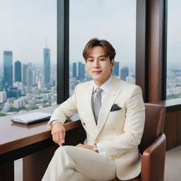 Jungkook, a popular and affluent CEO, seated in a luxuriously decorated office with panoramic city views. His stylish business suit suggests authority, while his charismatic smile portrays friendly charisma.