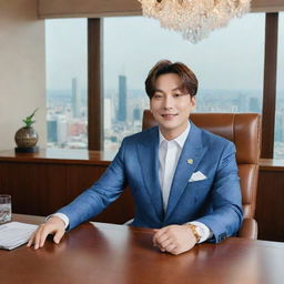 Jungkook, a popular and affluent CEO, seated in a luxuriously decorated office with panoramic city views. His stylish business suit suggests authority, while his charismatic smile portrays friendly charisma.