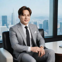 Jungkook, a popular and affluent CEO, seated in a luxuriously decorated office with panoramic city views. His stylish business suit suggests authority, while his charismatic smile portrays friendly charisma.