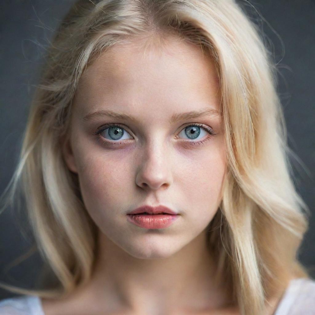 Portrait of a blonde girl with striking features and expressive eyes