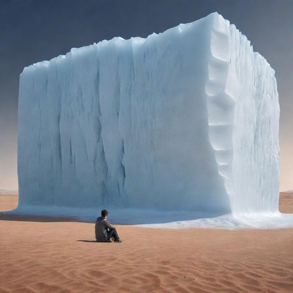 A photorealistic, high resolution image of an imposing ice wall in the middle of a hot desert, with a solitary and sad boy sitting on the sandy ground right in the center.