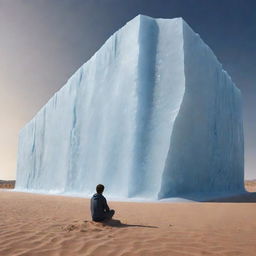 A photorealistic, high resolution image of an imposing ice wall in the middle of a hot desert, with a solitary and sad boy sitting on the sandy ground right in the center.