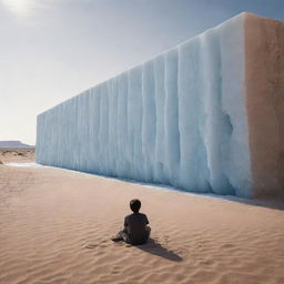 A photorealistic, high resolution image of an imposing ice wall in the middle of a hot desert, with a solitary and sad boy sitting on the sandy ground right in the center.