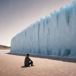 A photorealistic, high resolution image of an imposing ice wall in the middle of a hot desert, with a solitary and sad boy sitting on the sandy ground right in the center.