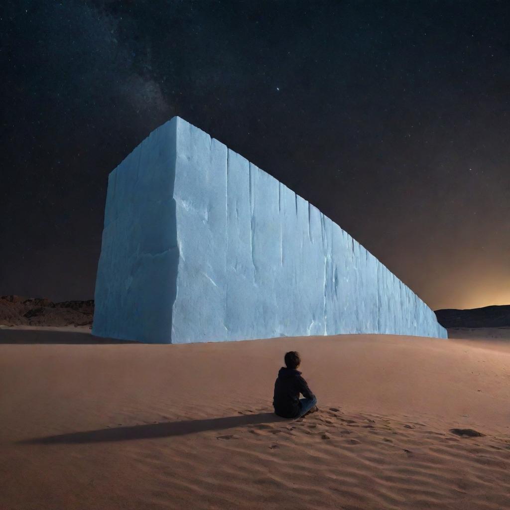 A photorealistic, high resolution image of an imposing ice wall in the middle of a hot desert at night, with a lone, sad boy sitting on the sandy ground under the starlit sky, right in the center.