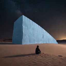 A photorealistic, high resolution image of an imposing ice wall in the middle of a hot desert at night, with a lone, sad boy sitting on the sandy ground under the starlit sky, right in the center.