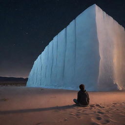 A photorealistic, high resolution image of an imposing ice wall in the middle of a hot desert at night, with a lone, sad boy sitting on the sandy ground under the starlit sky, right in the center.