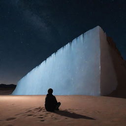 A photorealistic, high resolution image of an imposing ice wall in the middle of a hot desert at night, with a lone, sad boy sitting on the sandy ground under the starlit sky, right in the center.