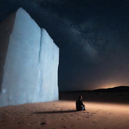 A photorealistic, high resolution image of an imposing ice wall in the middle of a hot desert at night, with a lone, sad boy sitting on the sandy ground under the starlit sky, right in the center.