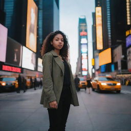 A trendy, metropolitan girl standing in Times Square at dusk, surrounded by towering skyscrapers and vibrant city life.