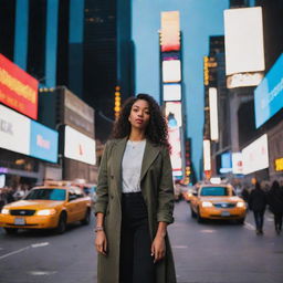 A trendy, metropolitan girl standing in Times Square at dusk, surrounded by towering skyscrapers and vibrant city life.