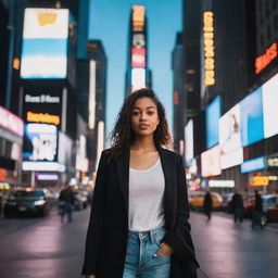 A trendy, metropolitan girl standing in Times Square at dusk, surrounded by towering skyscrapers and vibrant city life.