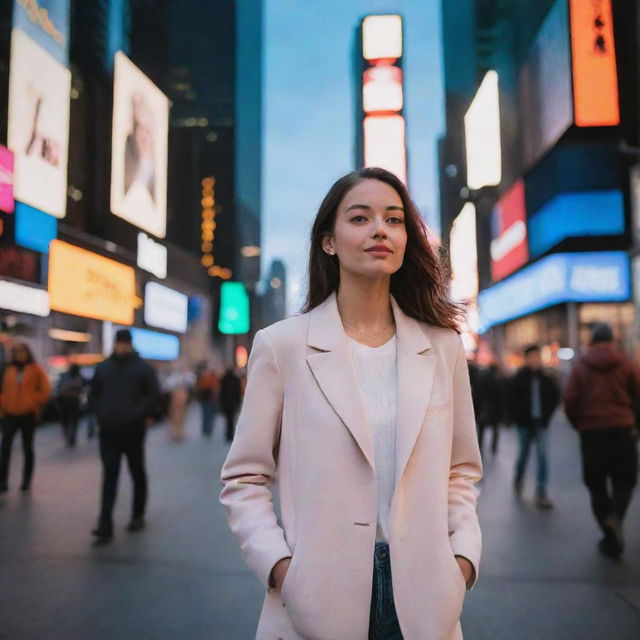 A trendy, metropolitan girl standing in Times Square at dusk, surrounded by towering skyscrapers and vibrant city life.