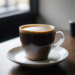 A high-resolution image of a cup of coffee taken with a Sony camera, with a focus on light reflection, contrast, and depth of field.