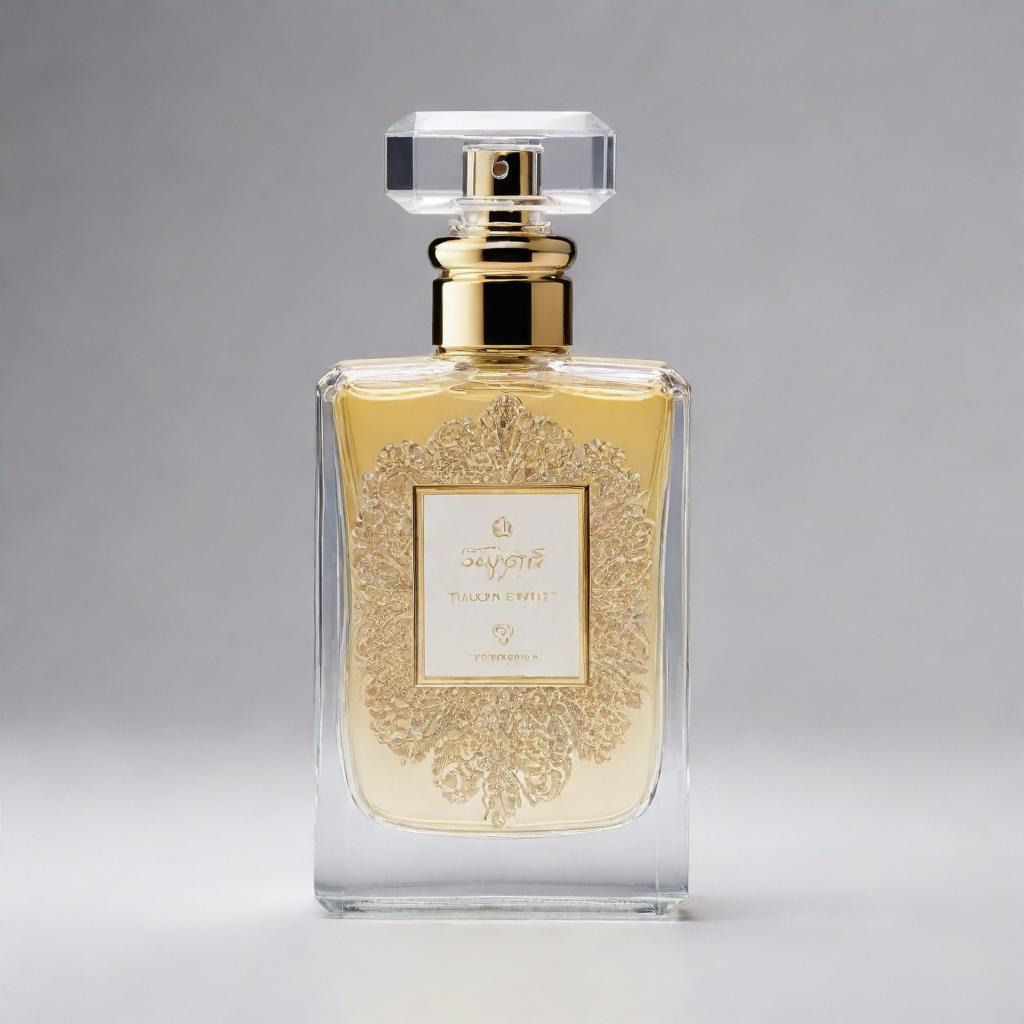 A luxurious perfume bottle inspired by Taylor Swift's discography, featuring elements from her album graphics and musical themes.