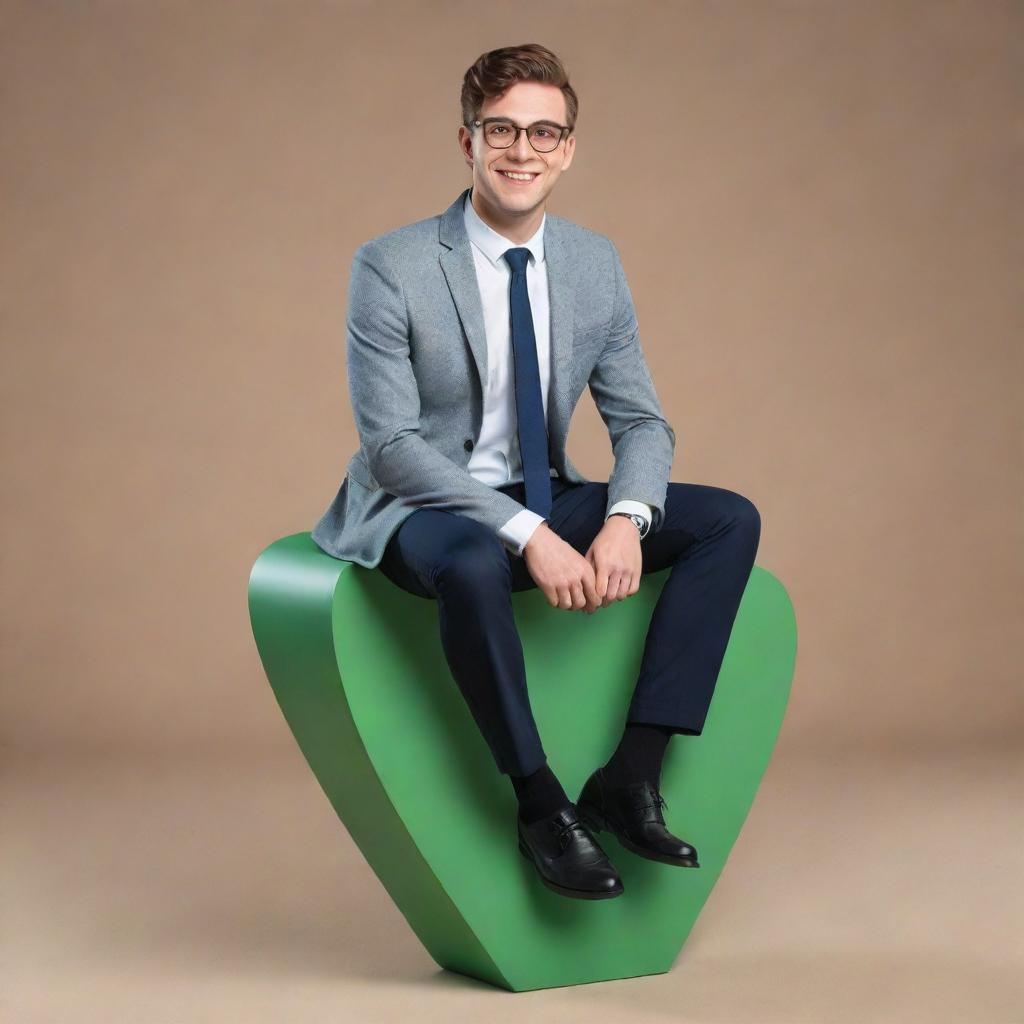 3D depiction of a charming young man with glasses, dressed in contemporary professional attire, casually seated on a giant 3D WhatsApp logo.