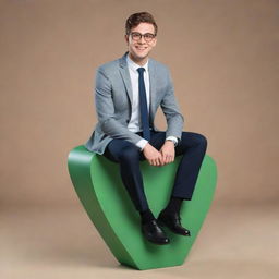 3D depiction of a charming young man with glasses, dressed in contemporary professional attire, casually seated on a giant 3D WhatsApp logo.