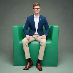 3D depiction of a charming young man with glasses, dressed in contemporary professional attire, casually seated on a giant 3D WhatsApp logo.