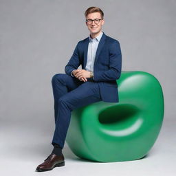 3D depiction of a charming young man with glasses, dressed in contemporary professional attire, casually seated on a giant 3D WhatsApp logo.