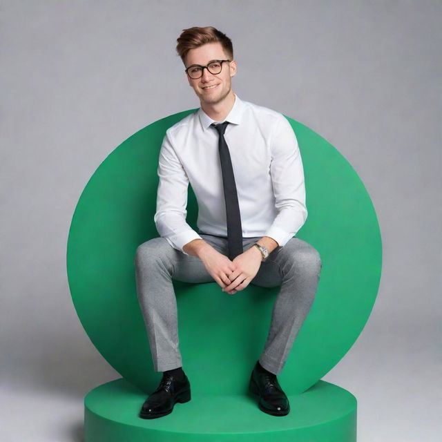 3D depiction of a charming young man with glasses, dressed in contemporary professional attire, casually seated on a giant 3D WhatsApp logo.