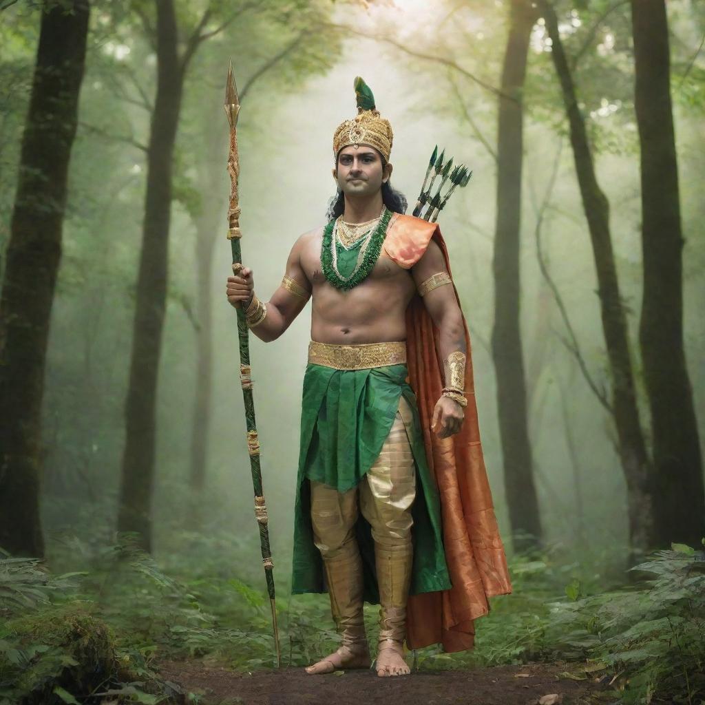 A majestic image of Lord Ram, dressed in royal attire with a quiver of arrows visible, radiating serenity and valor while standing amidst a lush, green forest.