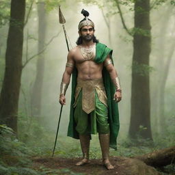 A majestic image of Lord Ram, dressed in royal attire with a quiver of arrows visible, radiating serenity and valor while standing amidst a lush, green forest.