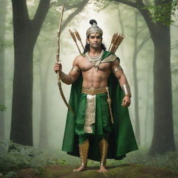 A majestic image of Lord Ram, dressed in royal attire with a quiver of arrows visible, radiating serenity and valor while standing amidst a lush, green forest.