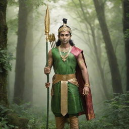 A majestic image of Lord Ram, dressed in royal attire with a quiver of arrows visible, radiating serenity and valor while standing amidst a lush, green forest.