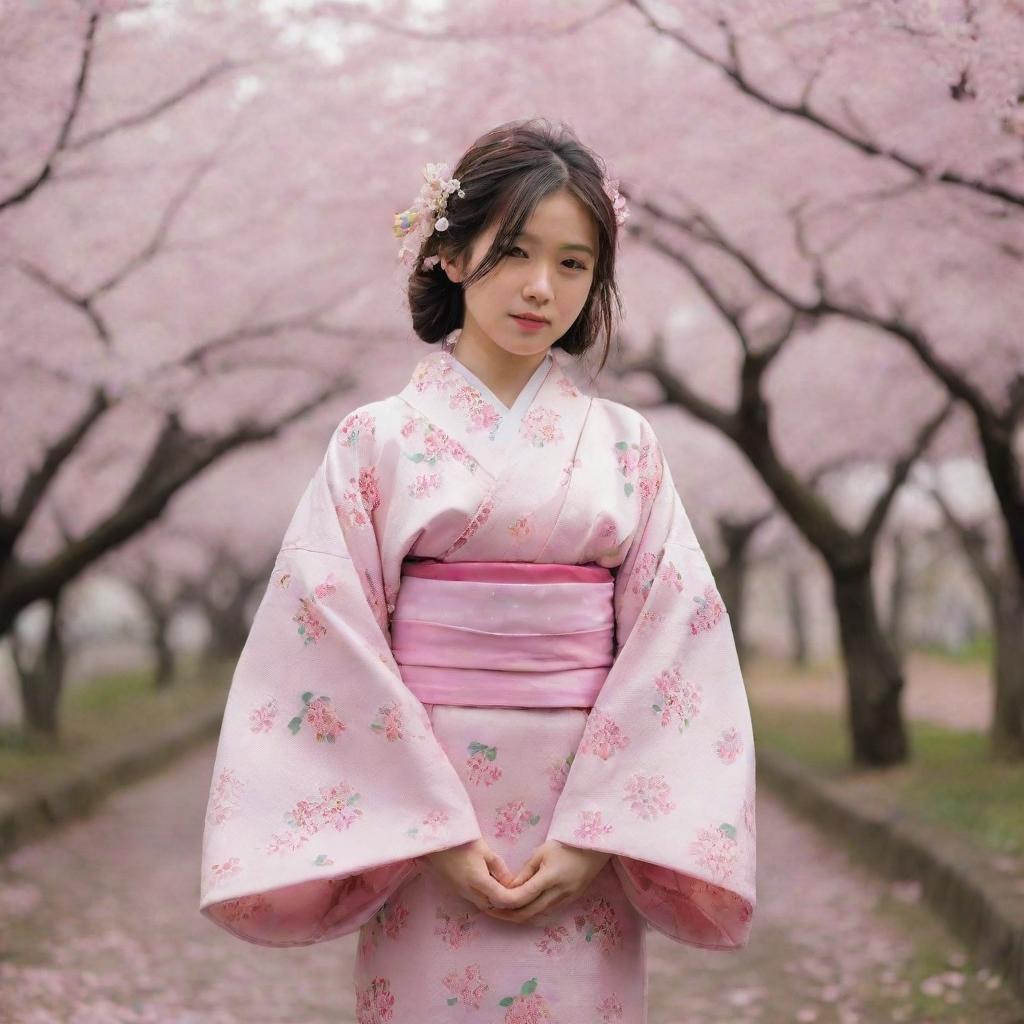 A young Japanese girl in traditional kimono standing in a sakura (cherry blossom) garden during spring, surrounded by falling petals