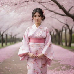 A young Japanese girl in traditional kimono standing in a sakura (cherry blossom) garden during spring, surrounded by falling petals