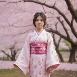 A young Japanese girl in traditional kimono standing in a sakura (cherry blossom) garden during spring, surrounded by falling petals