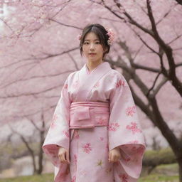 A young Japanese girl in traditional kimono standing in a sakura (cherry blossom) garden during spring, surrounded by falling petals