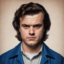 A stylized portrait of Steve Harrington from the Stranger Things series, featuring his trade-mark voluminous hair and serious expression.