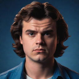 A stylized portrait of Steve Harrington from the Stranger Things series, featuring his trade-mark voluminous hair and serious expression.