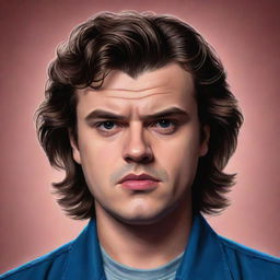 A stylized portrait of Steve Harrington from the Stranger Things series, featuring his trade-mark voluminous hair and serious expression.