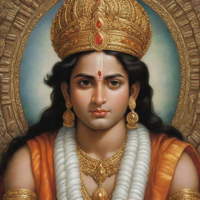 A highly detailed depiction of Lord Rama in his teenage years, exhibiting standout handsomeness and divine charisma.