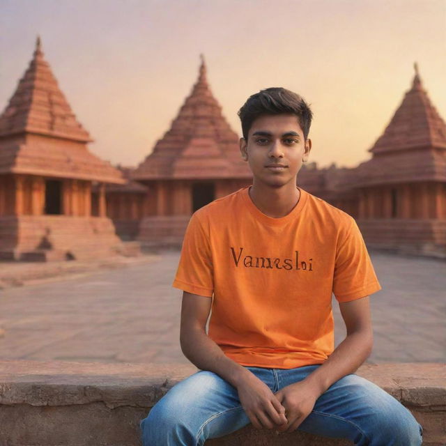 Generate a 3D illustration of a 21-year-old boy, wearing an orange shirt with the name 'Vamshi' written on the back, sitting in front of a Lord Ram temple at sunset.