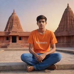 Generate a 3D illustration of a 21-year-old boy, wearing an orange shirt with the name 'Vamshi' written on the back, sitting in front of a Lord Ram temple at sunset.