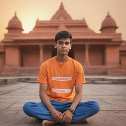 Generate a 3D illustration of a 21-year-old boy, wearing an orange shirt with the name 'Vamshi' written on the back, sitting in front of a Lord Ram temple at sunset.
