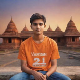 Generate a 3D illustration of a 21-year-old boy, wearing an orange shirt with the name 'Vamshi' written on the back, sitting in front of a Lord Ram temple at sunset.