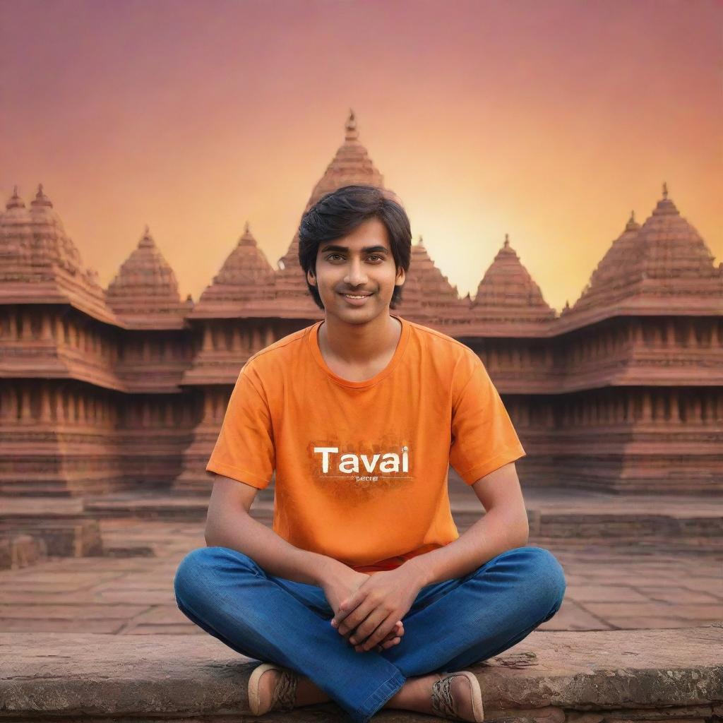 Generate a 3D illustration of a 21-year-old animated boy, wearing an orange shirt with the name 'Ravi Teja' written on the back, sitting in front of a Lord Ram temple during a breathtaking sunset.