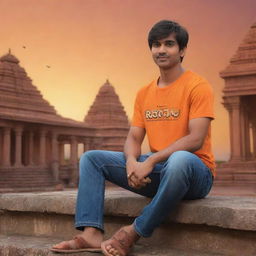 Generate a 3D illustration of a 21-year-old animated boy, wearing an orange shirt with the name 'Ravi Teja' written on the back, sitting in front of a Lord Ram temple during a breathtaking sunset.