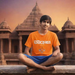 Generate a 3D illustration of a 21-year-old animated boy, wearing an orange shirt with the name 'Ravi Teja' written on the back, sitting in front of a Lord Ram temple during a breathtaking sunset.