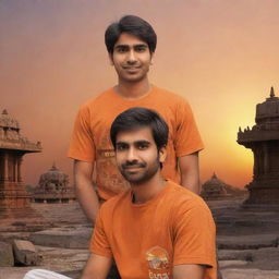 Generate a 3D illustration of a 21-year-old animated boy, wearing an orange shirt with the name 'Ravi Teja' written on the back, sitting in front of a Lord Ram temple during a breathtaking sunset.