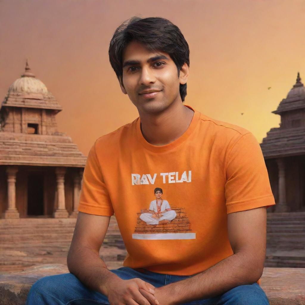 Generate a 3D illustration of a 21-year-old cartoon style boy, wearing an orange shirt with the name 'Ravi Teja' written on the back, sitting peacefully in front of a Lord Ram temple at sunset.