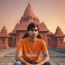 Generate a 3D illustration of a 21-year-old cartoon style boy, wearing an orange shirt with the name 'Ravi Teja' written on the back, sitting peacefully in front of a Lord Ram temple at sunset.